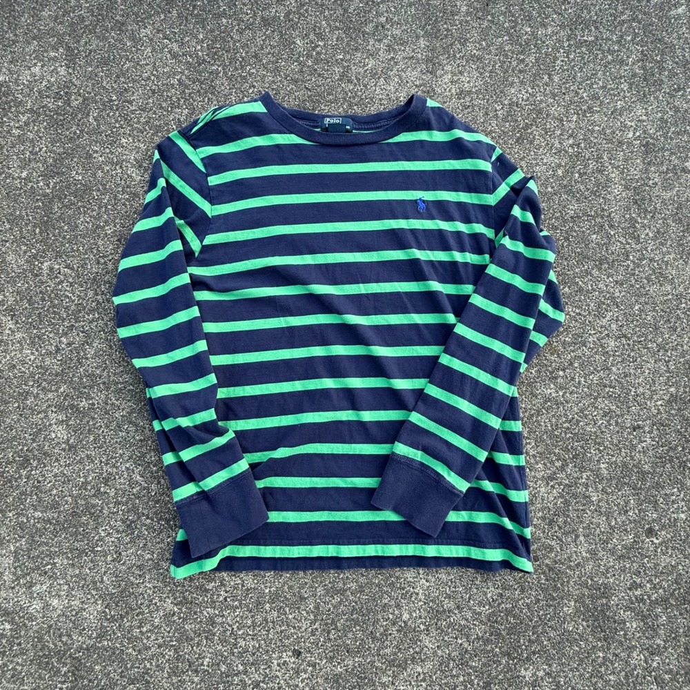 Polo Ralph Lauren Mens Long Sleeve Striped T-Shirt Navy Green Pony Logo L